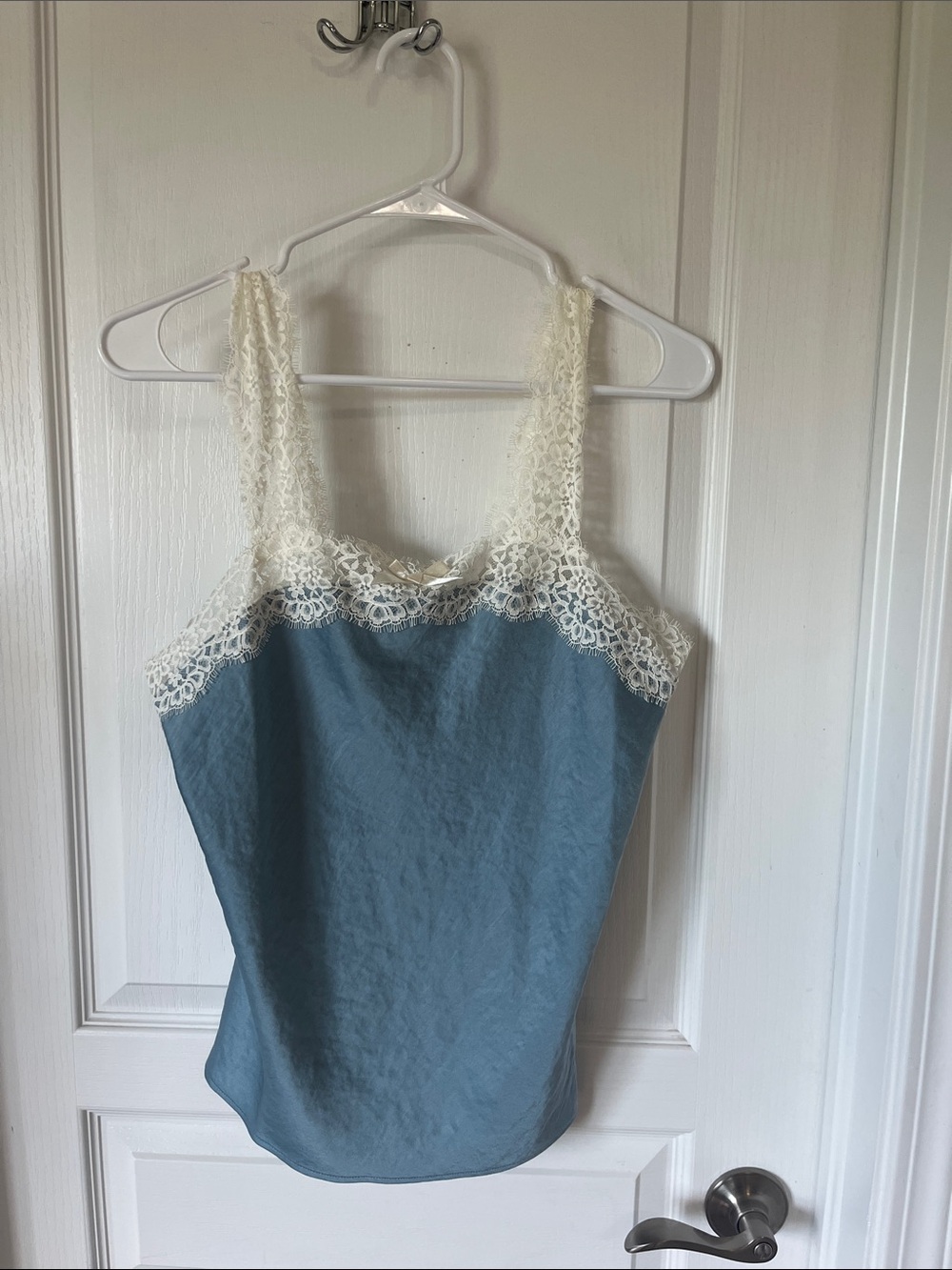 Madewell Blue Satin Cami with Cream Lace Trim